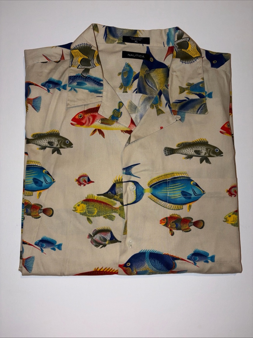 Nautica Beige Short-Sleeve Fish Print Button-Down Shirt XL